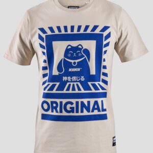 white and blue cat-printed crew-neck T-shirt